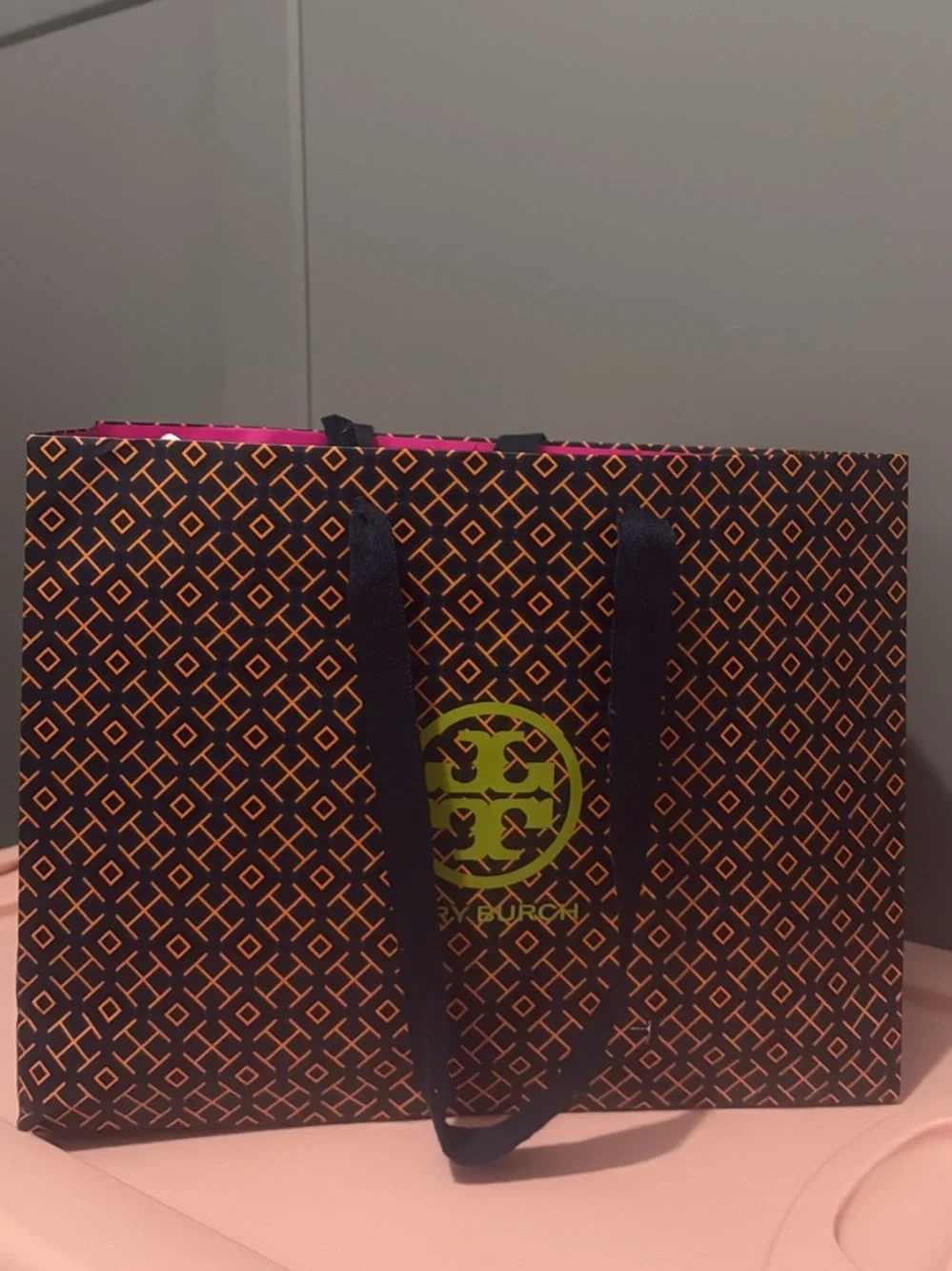 Tory Burch Black & Orange Patterned small gift Bag